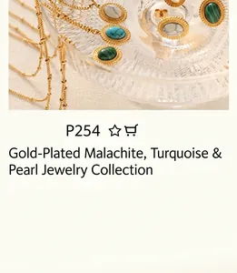 Bohemian gold necklace set featuring green malachite and turquoise pendants in glass dish