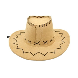 Detail of camel suede cowboy hat showing black cross-stitching and adjustable wind cord