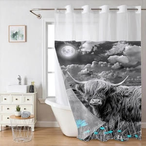 Detail of waffle weave shower curtain with highland cow print and blue flowers