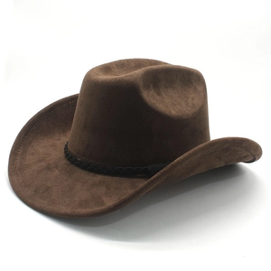 Detailed close-up of dark brown suede cowboy hat with a black braided decorative band