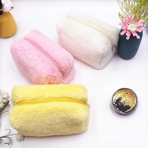 Plush Cosmetic Bag Soft Faux Fur Makeup Pouch Zipper Pencil Case Solid Color Portable Travel Toiletry Organizer Women Girls
