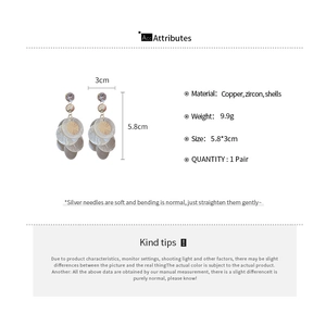 Detailed size specifications for shell tassel drop earrings with zircon and silver needle