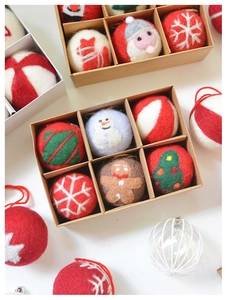Detailed view of handmade wool felt Christmas ornaments including snowman and ginger man motifs