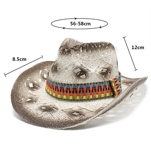 Detail of hollow woven straw cowboy hat with colorful geometric band and vintage finish