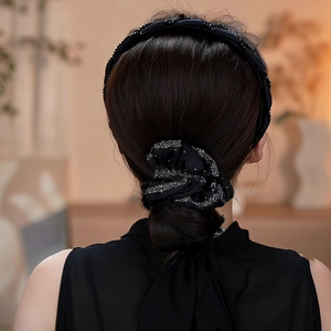 Ensemble élégant serre-tête et chouchou en organza noir avec perles pour femmes