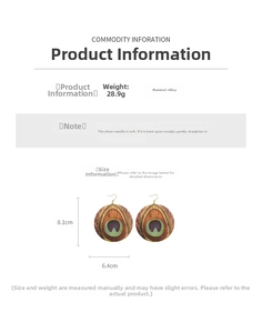 Detailed size chart of round peacock feather earrings featuring alloy material and weight