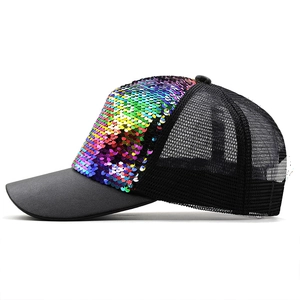 Detailed side view of rainbow sequin baseball cap with breathable black mesh back