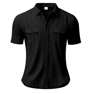 Macro detail of black linen shirt texture with double chest pockets and size XL tag