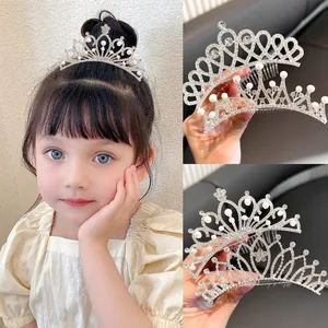 Elegant kids silver tiara hair comb with sparkling rhinestones and white pearls