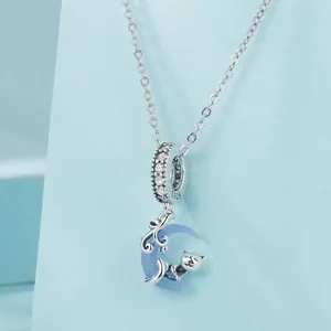 S925 sterling silver moon cat necklace featuring a blue luminous stone pendant for women