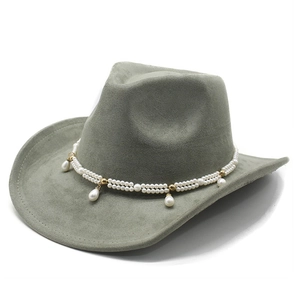 Detail of grey felt cowboy hat with double-layered pearl band and drop-shaped charms