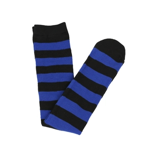 Detail showing blue and black striped knit knee-high socks with fine texture on white background