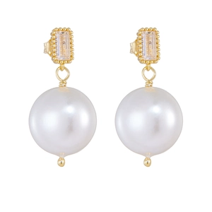 Elegant S925 silver French vintage pearl drop earrings with golden frames and zircon