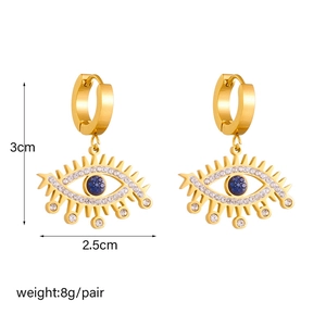 Gold evil eye earrings with blue and white crystals including 3x2.5cm size details