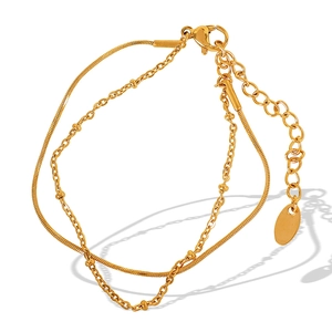 French style double-layer gold chain bracelet with snake bone and bead detail