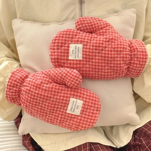 Quilted Plaid Mittens Winter Thick Warm Fleece Lined With Detachable Neck Lanyard For Women Girls Simple