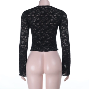 Back view of a slim fit black lace cardigan featuring delicate floral patterns and long sleeves