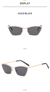 Front and 45-degree side views of gold-black metal cat-eye sunglasses with dark lenses