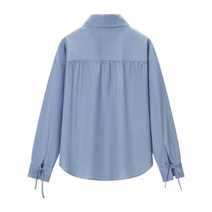 Women's blue striped casual shirt featuring bow cuff details and pleated back design