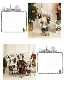 Detailed close-up of Nordic style Christmas Santa figurines in grey and white knitted fabric
