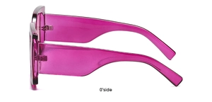 Side view of oversized rose pink translucent square sunglasses with thick temple design