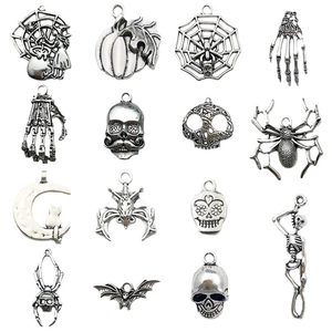 Gothic silver skull and spider alloy pendants set for Halloween jewelry making