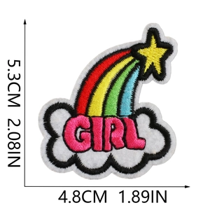 Detailed view of rainbow and cloud embroidery patch with GIRL text and dimension labels