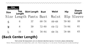 Detailed size chart for sexy square neck flared sleeve mini dress and skirt set
