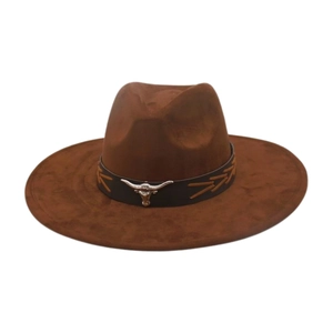 Detail of brown wide brim western hat with silver bull head buckle and V embroidery