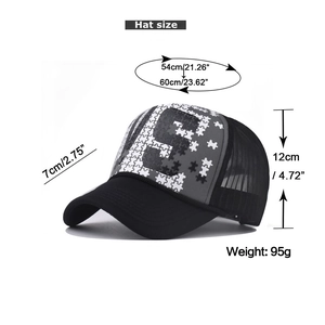 Detailed size specifications for trucker hat with adjustable circumference 54 to 60cm