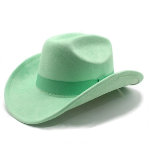 Detailed close-up of mint green faux suede cowboy hat with matching grosgrain ribbon band