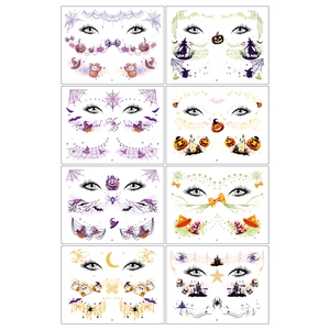 Set of 8 Halloween face tattoos for kids featuring pumpkin, ghost and bat designs