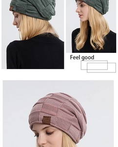 Detail of chunky knit beanie featuring square texture and Sport mountain leather patch