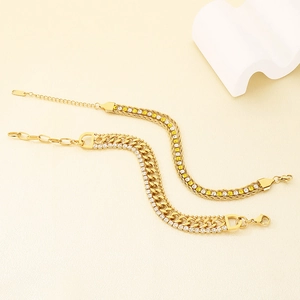 Three-layer gold titanium steel bracelet set with cubic zirconia and cuban chain