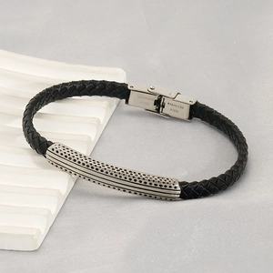 Vintage braided leather bracelet with stainless steel cross bar and folding clasp for men