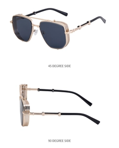 Steampunk aviator sunglasses detail showing side metal mesh frame and black lenses