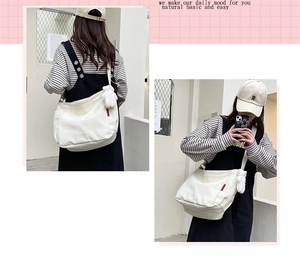 Detailed views of a white canvas messenger bag featuring a plush charm and adjustable strap