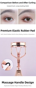 Detail of rose gold eyelash curler with ergonomic non-slip handle and soft rubber refill pads