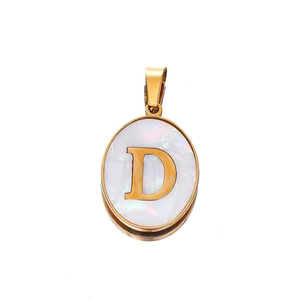 Macro view of 22mm gold stainless steel oval pendant with pearl shell letter D inlay