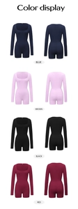 Detailed color display of long sleeve square neck rompers in blue, pink, black and red
