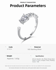 Detail view of S925 silver snake ring with pear-cut zircon and product specifications