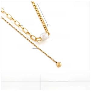 Detailed view of titanium steel layered necklace with shell beads and size measurements