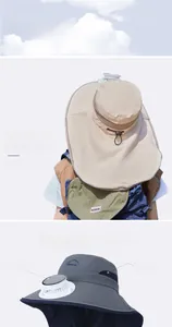 Detail of kids sun hat featuring solar-powered fan, wide brim and neck protection flap