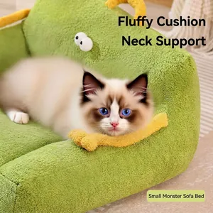 Sofá cama para gatos de felpa verde con diseño de monstruo y cuernos suaves amarillos