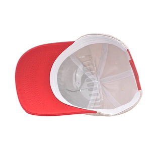 Internal view of two-tone baseball cap featuring sweatband and adjustable snapback closure