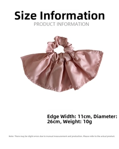 Detailed size chart showing 26cm diameter and 11cm width for the pleated scrunchie