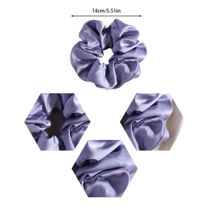 Detailed view of lavender satin scrunchie with 14cm diameter dimension callout