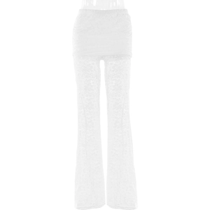 Detail der weißen High-Waist-Spitzenhose mit Rockbund und transparentem Blumenmuster