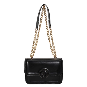 Classic black leather chain crossbody bag with gold round hardware and square flap