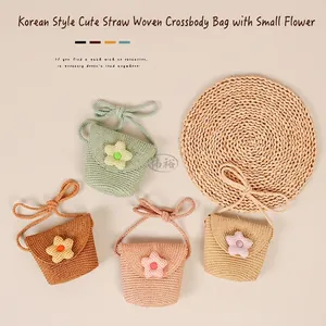 Handwoven straw crossbody bags for kids with plaid floral decor in four colors